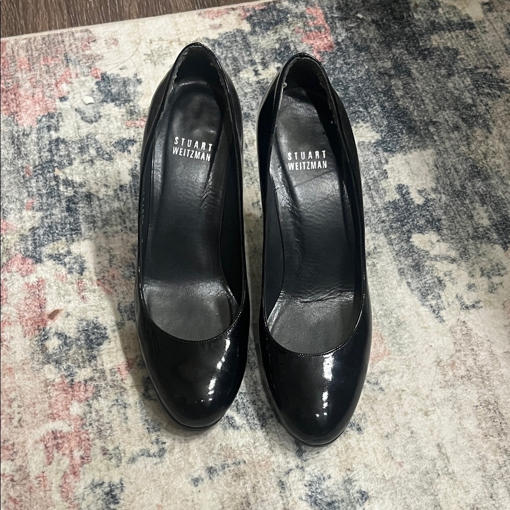 Stuart Weitzman Black Patent Round-Toe Pumps